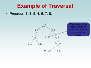 Example of Traversal
• Preorder: 1, 3, 5, 4, 6, 7, 8,
1
3
11
9
8
4 6
5
7
12
10
There is no left or
right subtree so
preorder traversal
is over at this
node
 
