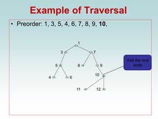 Example of Traversal
• Preorder: 1, 3, 5, 4, 6, 7, 8, 9, 10,
1
3
11
9
8
4 6
5
7
12
10
Visit the root
node
 