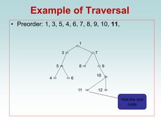 Example of Traversal
• Preorder: 1, 3, 5, 4, 6, 7, 8, 9, 10, 11,
1
3
11
9
8
4 6
5
7
12
10
Visit the root
node
 