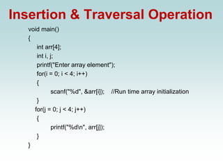 Insertion & Traversal Operation
void main()
{
int arr[4];
int i, j;
printf("Enter array element");
for(i = 0; i < 4; i++)
{
scanf("%d", &arr[i]); //Run time array initialization
}
for(j = 0; j < 4; j++)
{
printf("%dn", arr[j]);
}
}
 