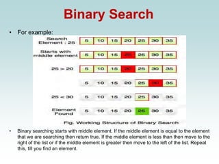 Binary Search
• For example:
• Binary searching starts with middle element. If the middle element is equal to the element
that we are searching then return true. If the middle element is less than then move to the
right of the list or if the middle element is greater then move to the left of the list. Repeat
this, till you find an element.
 