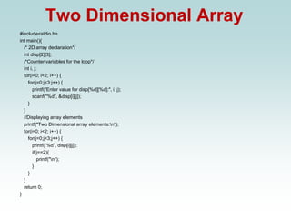 Two Dimensional Array
#include<stdio.h>
int main(){
/* 2D array declaration*/
int disp[2][3];
/*Counter variables for the loop*/
int i, j;
for(i=0; i<2; i++) {
for(j=0;j<3;j++) {
printf("Enter value for disp[%d][%d]:", i, j);
scanf("%d", &disp[i][j]);
}
}
//Displaying array elements
printf("Two Dimensional array elements:n");
for(i=0; i<2; i++) {
for(j=0;j<3;j++) {
printf("%d", disp[i][j]);
if(j==2){
printf("n");
}
}
}
return 0;
}
 