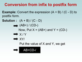 Conversion from infix to postfix form
Example: Convert the expression (A + B) / (C - D) to
postfix form.
Solution : (A + B) / (C - D)
(AB+) / (CD-)
Now, Put X = (AB+) and Y = (CD-)
X / Y
XY/
Put the value of X and Y, we get
AB+CD-/
 