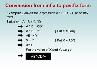 Conversion from infix to postfix form
Example: Convert the expression A * B + C / D to postfix
form.
Solution : A * B + C / D
A * B + CD/
A * B + Y [ Put Y = CD/]
AB* + Y
X + Y [ Put X = AB*]
XY+
Put the value of X and Y, we get
AB*CD/+
 