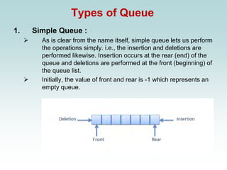 Types of Queue
1. Simple Queue :
➢ As is clear from the name itself, simple queue lets us perform
the operations simply. i.e., the insertion and deletions are
performed likewise. Insertion occurs at the rear (end) of the
queue and deletions are performed at the front (beginning) of
the queue list.
➢ Initially, the value of front and rear is -1 which represents an
empty queue.
 