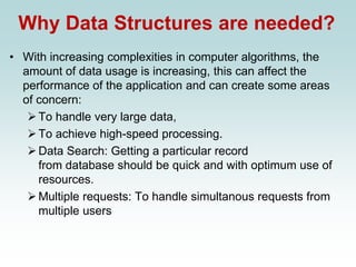 Why Data Structures are needed?
• With increasing complexities in computer algorithms, the
amount of data usage is increasing, this can affect the
performance of the application and can create some areas
of concern:
➢To handle very large data,
➢To achieve high-speed processing.
➢Data Search: Getting a particular record
from database should be quick and with optimum use of
resources.
➢Multiple requests: To handle simultanous requests from
multiple users
 