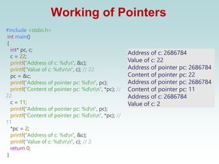 Working of Pointers
#include <stdio.h>
int main()
{
int* pc, c;
c = 22;
printf("Address of c: %dn", &c);
printf("Value of c: %dnn", c); // 22
pc = &c;
printf("Address of pointer pc: %dn", pc);
printf("Content of pointer pc: %dnn", *pc); //
22
c = 11;
printf("Address of pointer pc: %dn", pc);
printf("Content of pointer pc: %dnn", *pc); //
11
*pc = 2;
printf("Address of c: %dn", &c);
printf("Value of c: %dnn", c); // 2
return 0;
}
Address of c: 2686784
Value of c: 22
Address of pointer pc: 2686784
Content of pointer pc: 22
Address of pointer pc: 2686784
Content of pointer pc: 11
Address of c: 2686784
Value of c: 2
 