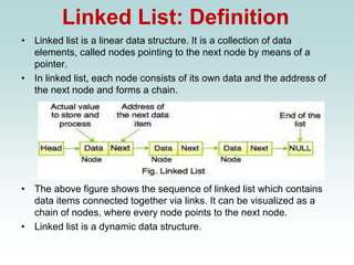 Linked List: Definition
• Linked list is a linear data structure. It is a collection of data
elements, called nodes pointing to the next node by means of a
pointer.
• In linked list, each node consists of its own data and the address of
the next node and forms a chain.
• The above figure shows the sequence of linked list which contains
data items connected together via links. It can be visualized as a
chain of nodes, where every node points to the next node.
• Linked list is a dynamic data structure.
 