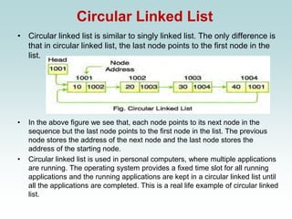 Circular Linked List
• Circular linked list is similar to singly linked list. The only difference is
that in circular linked list, the last node points to the first node in the
list.
• In the above figure we see that, each node points to its next node in the
sequence but the last node points to the first node in the list. The previous
node stores the address of the next node and the last node stores the
address of the starting node.
• Circular linked list is used in personal computers, where multiple applications
are running. The operating system provides a fixed time slot for all running
applications and the running applications are kept in a circular linked list until
all the applications are completed. This is a real life example of circular linked
list.
 