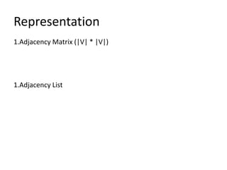 Representation
1.Adjacency Matrix (|V| * |V|)




1.Adjacency List
 