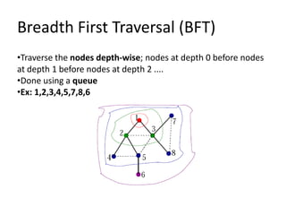 Breadth First Traversal (BFT)
•Traverse the nodes depth-wise; nodes at depth 0 before nodes
at depth 1 before nodes at depth 2 ....
•Done using a queue
•Ex: 1,2,3,4,5,7,8,6
 