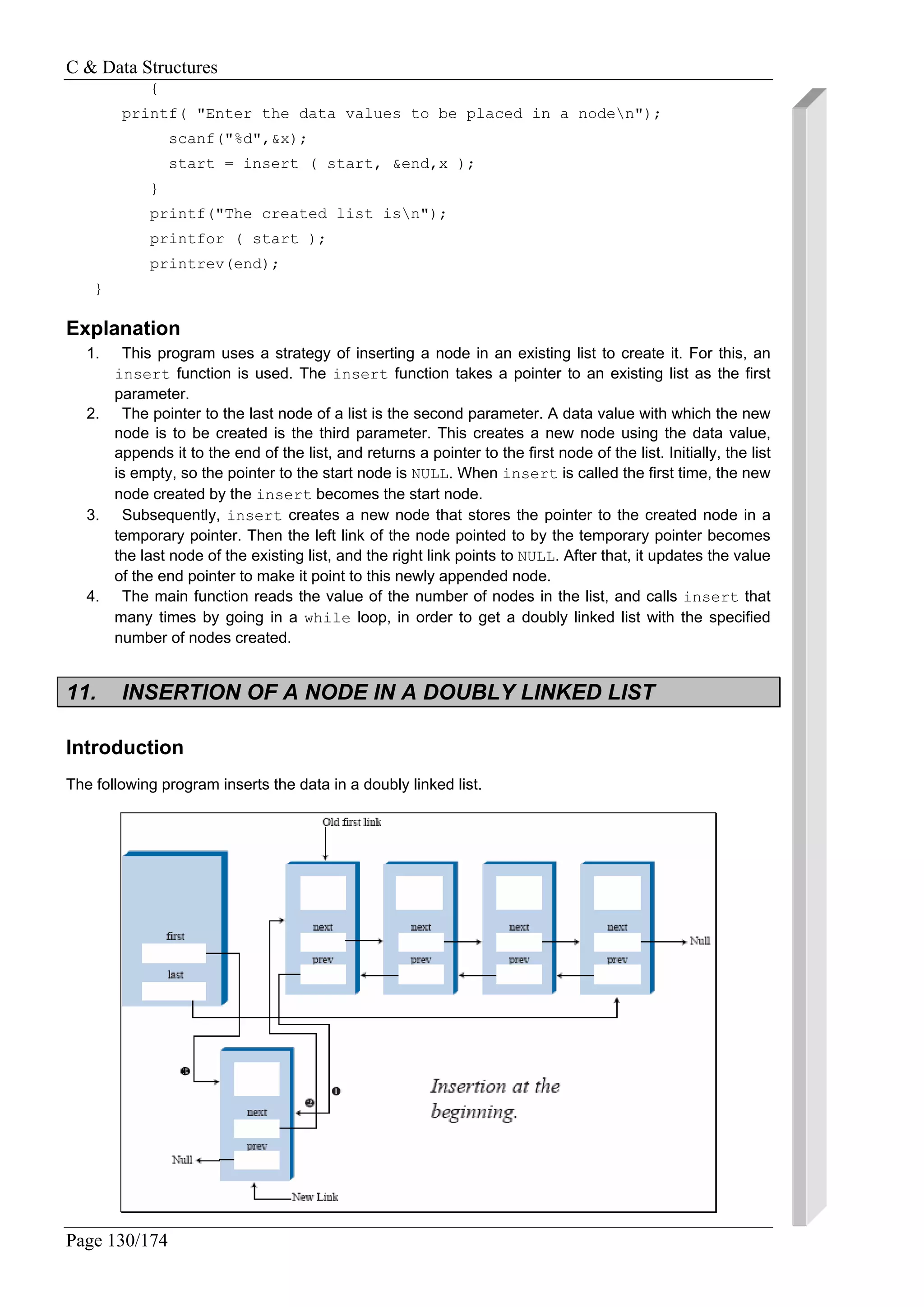 C & Data Structures
Page 130/174
{
printf( "Enter the data values to be placed in a noden");
scanf("%d",&x);
start = insert ( start, &end,x );
}
printf("The created list isn");
printfor ( start );
printrev(end);
}
Explanation
1. This program uses a strategy of inserting a node in an existing list to create it. For this, an
insert function is used. The insert function takes a pointer to an existing list as the first
parameter.
2. The pointer to the last node of a list is the second parameter. A data value with which the new
node is to be created is the third parameter. This creates a new node using the data value,
appends it to the end of the list, and returns a pointer to the first node of the list. Initially, the list
is empty, so the pointer to the start node is NULL. When insert is called the first time, the new
node created by the insert becomes the start node.
3. Subsequently, insert creates a new node that stores the pointer to the created node in a
temporary pointer. Then the left link of the node pointed to by the temporary pointer becomes
the last node of the existing list, and the right link points to NULL. After that, it updates the value
of the end pointer to make it point to this newly appended node.
4. The main function reads the value of the number of nodes in the list, and calls insert that
many times by going in a while loop, in order to get a doubly linked list with the specified
number of nodes created.
11. INSERTION OF A NODE IN A DOUBLY LINKED LIST
Introduction
The following program inserts the data in a doubly linked list.
 
