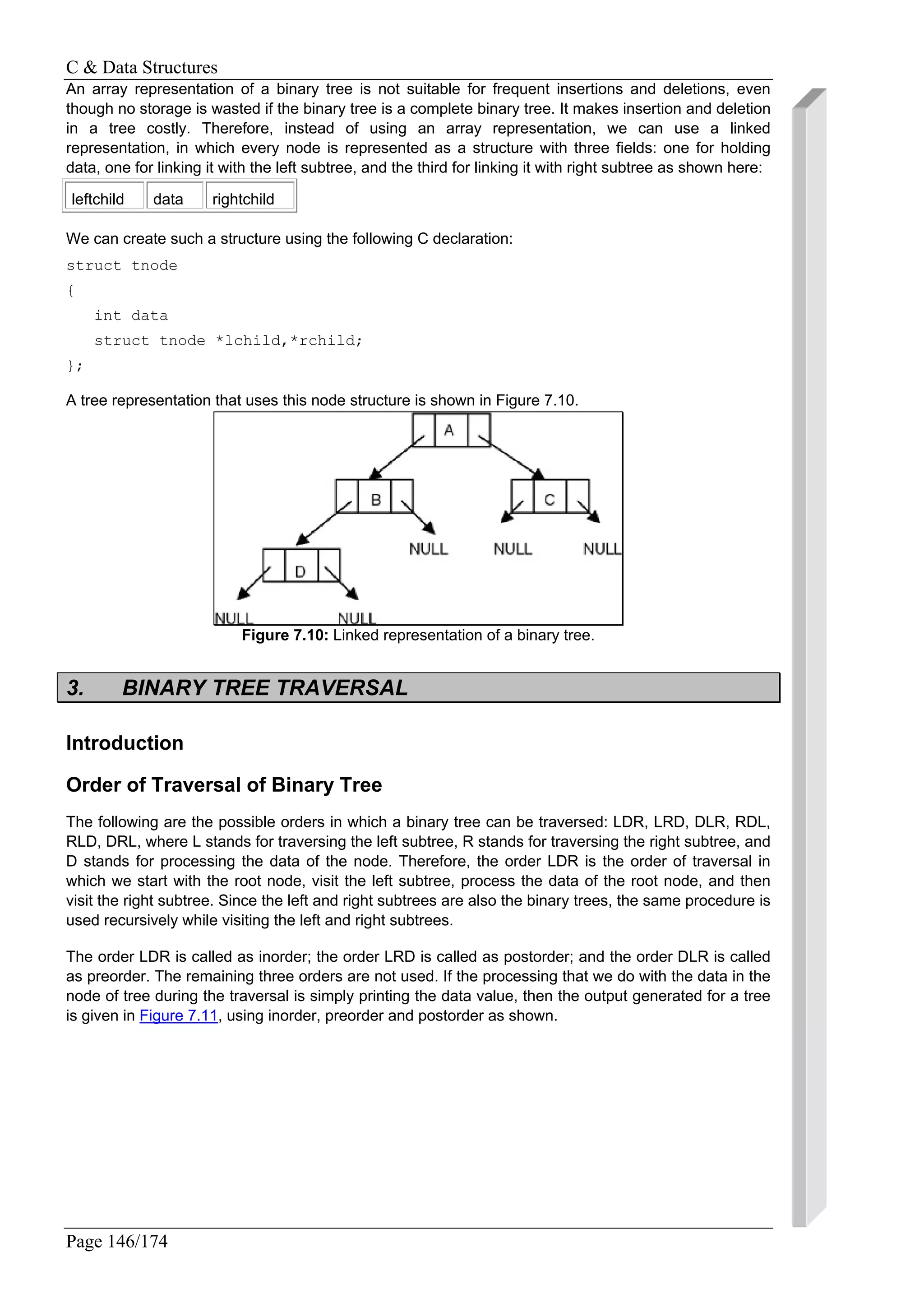 C & Data Structures
Page 146/174
An array representation of a binary tree is not suitable for frequent insertions and deletions, even
though no storage is wasted if the binary tree is a complete binary tree. It makes insertion and deletion
in a tree costly. Therefore, instead of using an array representation, we can use a linked
representation, in which every node is represented as a structure with three fields: one for holding
data, one for linking it with the left subtree, and the third for linking it with right subtree as shown here:
leftchild data rightchild
We can create such a structure using the following C declaration:
struct tnode
{
int data
struct tnode *lchild,*rchild;
};
A tree representation that uses this node structure is shown in Figure 7.10.
Figure 7.10: Linked representation of a binary tree.
3. BINARY TREE TRAVERSAL
Introduction
Order of Traversal of Binary Tree
The following are the possible orders in which a binary tree can be traversed: LDR, LRD, DLR, RDL,
RLD, DRL, where L stands for traversing the left subtree, R stands for traversing the right subtree, and
D stands for processing the data of the node. Therefore, the order LDR is the order of traversal in
which we start with the root node, visit the left subtree, process the data of the root node, and then
visit the right subtree. Since the left and right subtrees are also the binary trees, the same procedure is
used recursively while visiting the left and right subtrees.
The order LDR is called as inorder; the order LRD is called as postorder; and the order DLR is called
as preorder. The remaining three orders are not used. If the processing that we do with the data in the
node of tree during the traversal is simply printing the data value, then the output generated for a tree
is given in Figure 7.11, using inorder, preorder and postorder as shown.
 