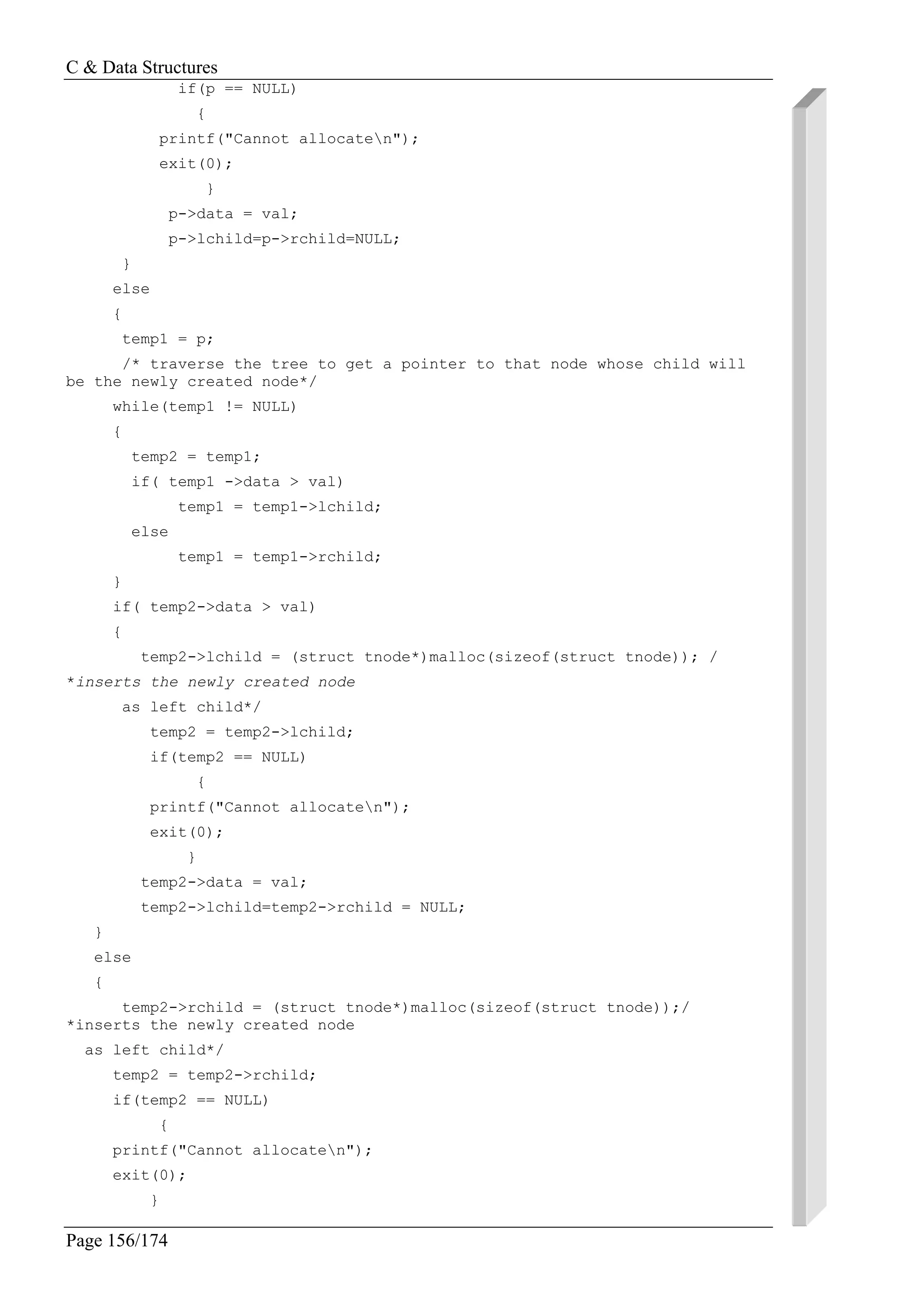 C & Data Structures
Page 156/174
if(p == NULL)
{
printf("Cannot allocaten");
exit(0);
}
p->data = val;
p->lchild=p->rchild=NULL;
}
else
{
temp1 = p;
/* traverse the tree to get a pointer to that node whose child will
be the newly created node*/
while(temp1 != NULL)
{
temp2 = temp1;
if( temp1 ->data > val)
temp1 = temp1->lchild;
else
temp1 = temp1->rchild;
}
if( temp2->data > val)
{
temp2->lchild = (struct tnode*)malloc(sizeof(struct tnode)); /
*inserts the newly created node
as left child*/
temp2 = temp2->lchild;
if(temp2 == NULL)
{
printf("Cannot allocaten");
exit(0);
}
temp2->data = val;
temp2->lchild=temp2->rchild = NULL;
}
else
{
temp2->rchild = (struct tnode*)malloc(sizeof(struct tnode));/
*inserts the newly created node
as left child*/
temp2 = temp2->rchild;
if(temp2 == NULL)
{
printf("Cannot allocaten");
exit(0);
}
 