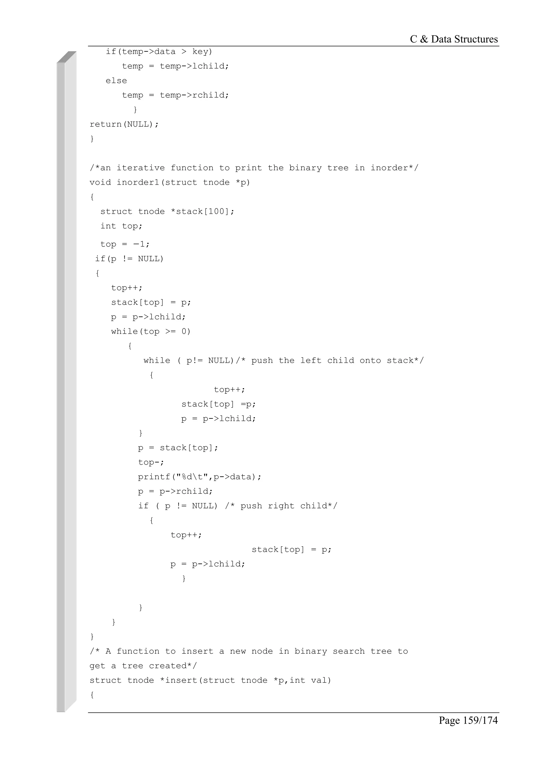C & Data Structures
Page 159/174
if(temp->data > key)
temp = temp->lchild;
else
temp = temp->rchild;
}
return(NULL);
}
/*an iterative function to print the binary tree in inorder*/
void inorder1(struct tnode *p)
{
struct tnode *stack[100];
int top;
top = −1;
if(p != NULL)
{
top++;
stack[top] = p;
p = p->lchild;
while(top >= 0)
{
while ( p!= NULL)/* push the left child onto stack*/
{
top++;
stack[top] =p;
p = p->lchild;
}
p = stack[top];
top-;
printf("%dt",p->data);
p = p->rchild;
if ( p != NULL) /* push right child*/
{
top++;
stack[top] = p;
p = p->lchild;
}
}
}
}
/* A function to insert a new node in binary search tree to
get a tree created*/
struct tnode *insert(struct tnode *p,int val)
{
 