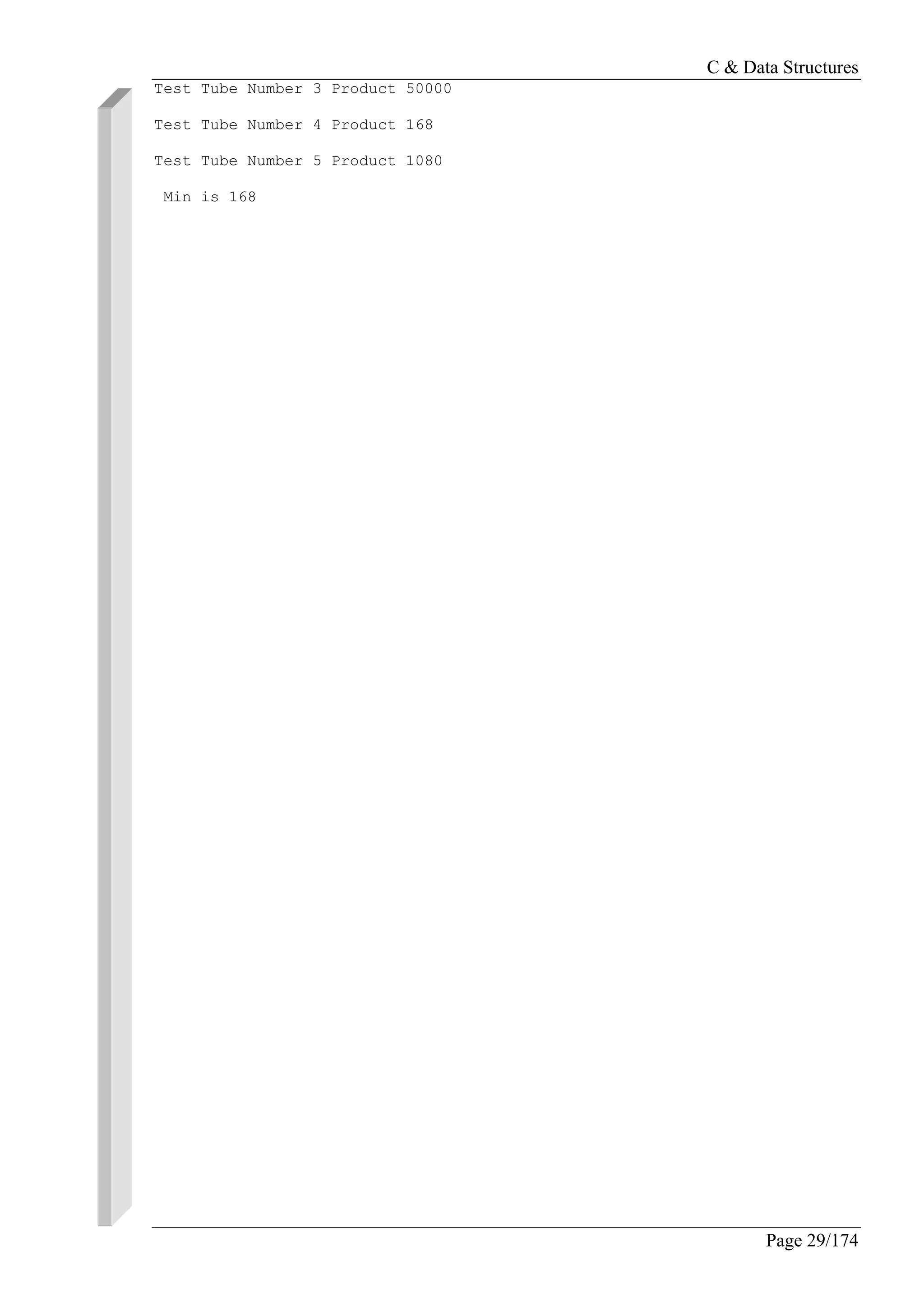 C & Data Structures
Page 29/174
Test Tube Number 3 Product 50000
Test Tube Number 4 Product 168
Test Tube Number 5 Product 1080
Min is 168
 