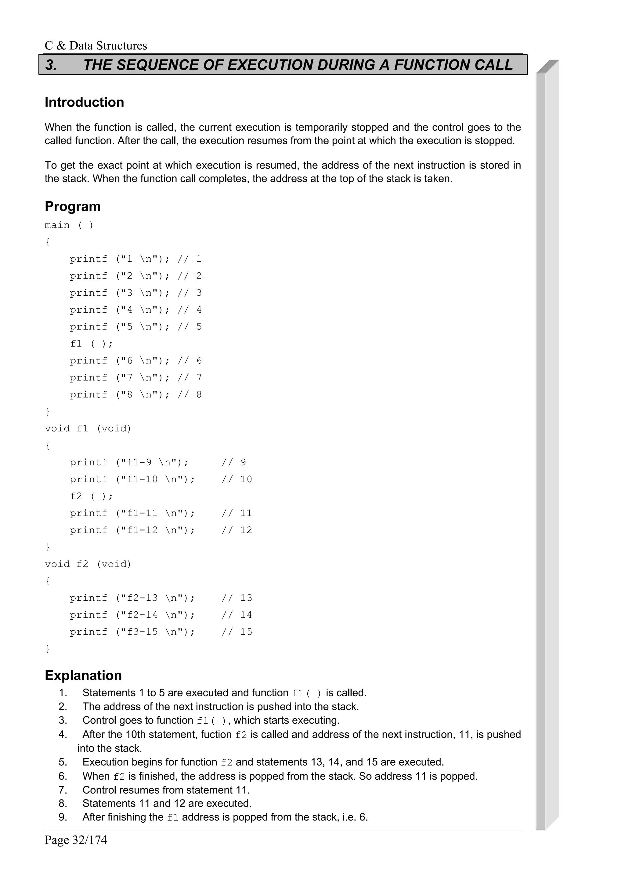 C & Data Structures
Page 32/174
3. THE SEQUENCE OF EXECUTION DURING A FUNCTION CALL
Introduction
When the function is called, the current execution is temporarily stopped and the control goes to the
called function. After the call, the execution resumes from the point at which the execution is stopped.
To get the exact point at which execution is resumed, the address of the next instruction is stored in
the stack. When the function call completes, the address at the top of the stack is taken.
Program
main ( )
{
printf ("1 n"); // 1
printf ("2 n"); // 2
printf ("3 n"); // 3
printf ("4 n"); // 4
printf ("5 n"); // 5
f1 ( );
printf ("6 n"); // 6
printf ("7 n"); // 7
printf ("8 n"); // 8
}
void f1 (void)
{
printf ("f1-9 n"); // 9
printf ("f1-10 n"); // 10
f2 ( );
printf ("f1-11 n"); // 11
printf ("f1-12 n"); // 12
}
void f2 (void)
{
printf ("f2-13 n"); // 13
printf ("f2-14 n"); // 14
printf ("f3-15 n"); // 15
}
Explanation
1. Statements 1 to 5 are executed and function f1( ) is called.
2. The address of the next instruction is pushed into the stack.
3. Control goes to function f1( ), which starts executing.
4. After the 10th statement, fuction f2 is called and address of the next instruction, 11, is pushed
into the stack.
5. Execution begins for function f2 and statements 13, 14, and 15 are executed.
6. When f2 is finished, the address is popped from the stack. So address 11 is popped.
7. Control resumes from statement 11.
8. Statements 11 and 12 are executed.
9. After finishing the f1 address is popped from the stack, i.e. 6.
 