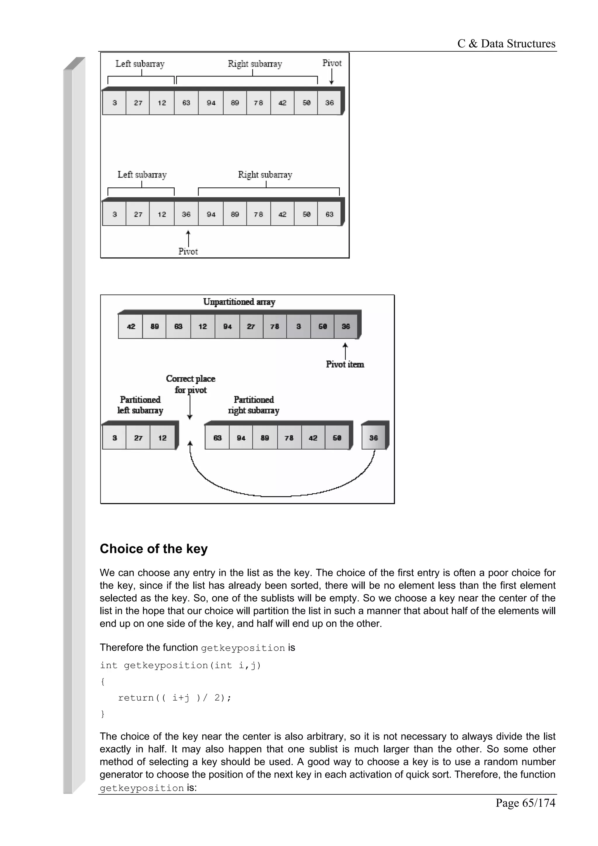 C & Data Structures
Page 65/174
Choice of the key
We can choose any entry in the list as the key. The choice of the first entry is often a poor choice for
the key, since if the list has already been sorted, there will be no element less than the first element
selected as the key. So, one of the sublists will be empty. So we choose a key near the center of the
list in the hope that our choice will partition the list in such a manner that about half of the elements will
end up on one side of the key, and half will end up on the other.
Therefore the function getkeyposition is
int getkeyposition(int i,j)
{
return(( i+j )/ 2);
}
The choice of the key near the center is also arbitrary, so it is not necessary to always divide the list
exactly in half. It may also happen that one sublist is much larger than the other. So some other
method of selecting a key should be used. A good way to choose a key is to use a random number
generator to choose the position of the next key in each activation of quick sort. Therefore, the function
getkeyposition is:
 