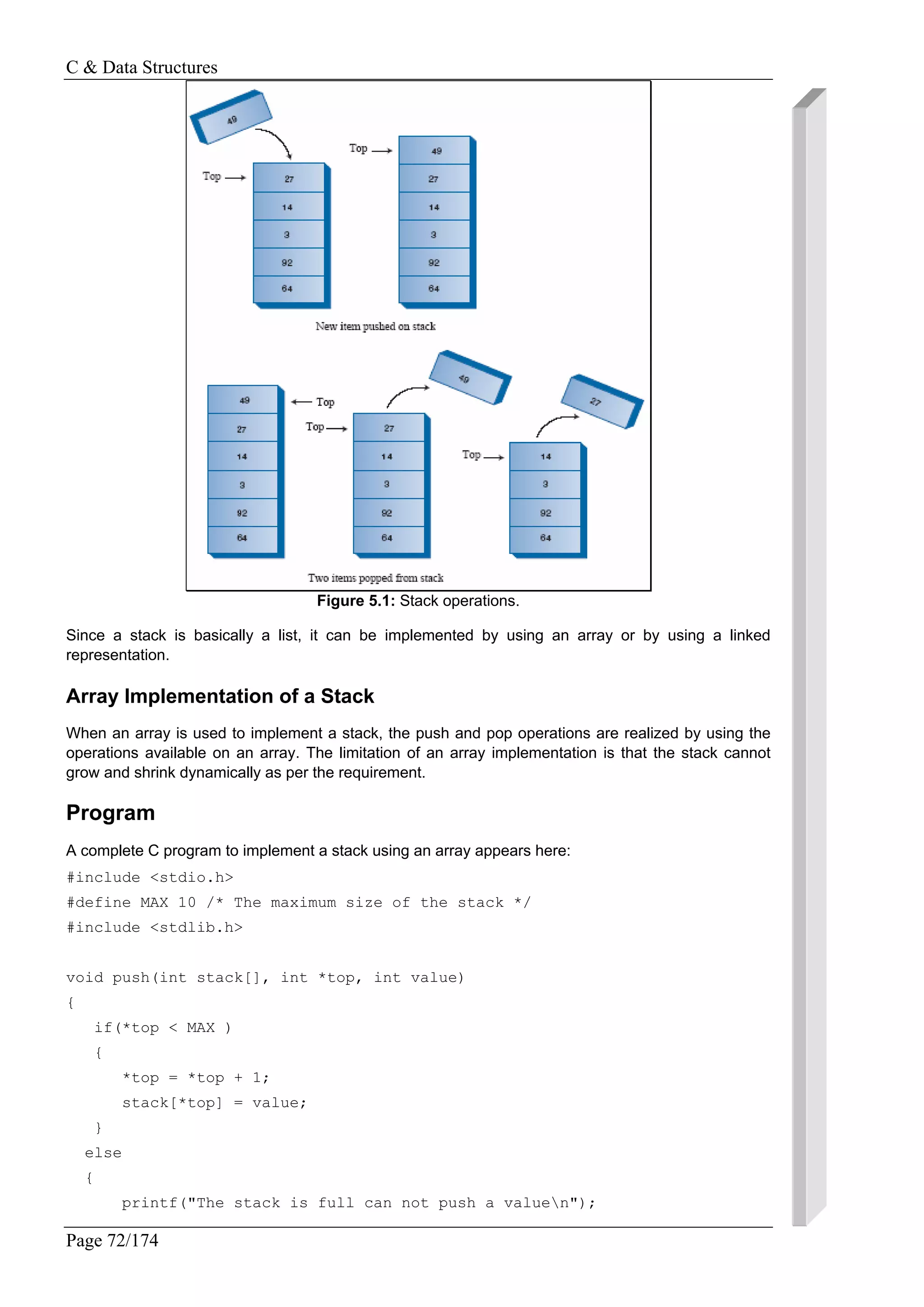 C & Data Structures
Page 72/174
Figure 5.1: Stack operations.
Since a stack is basically a list, it can be implemented by using an array or by using a linked
representation.
Array Implementation of a Stack
When an array is used to implement a stack, the push and pop operations are realized by using the
operations available on an array. The limitation of an array implementation is that the stack cannot
grow and shrink dynamically as per the requirement.
Program
A complete C program to implement a stack using an array appears here:
#include <stdio.h>
#define MAX 10 /* The maximum size of the stack */
#include <stdlib.h>
void push(int stack[], int *top, int value)
{
if(*top < MAX )
{
*top = *top + 1;
stack[*top] = value;
}
else
{
printf("The stack is full can not push a valuen");
 