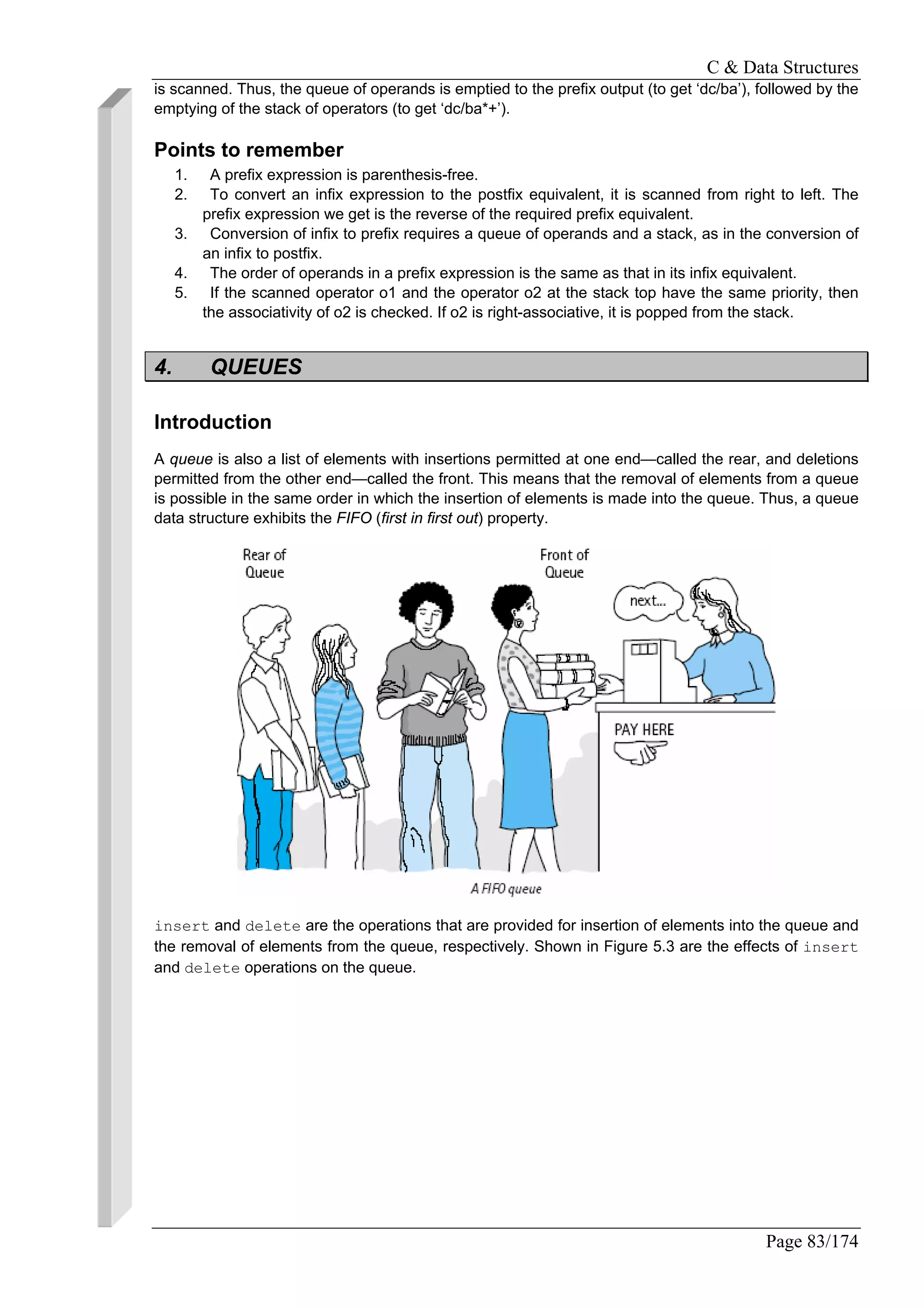 C & Data Structures
Page 83/174
is scanned. Thus, the queue of operands is emptied to the prefix output (to get ‘dc/ba’), followed by the
emptying of the stack of operators (to get ‘dc/ba*+’).
Points to remember
1. A prefix expression is parenthesis-free.
2. To convert an infix expression to the postfix equivalent, it is scanned from right to left. The
prefix expression we get is the reverse of the required prefix equivalent.
3. Conversion of infix to prefix requires a queue of operands and a stack, as in the conversion of
an infix to postfix.
4. The order of operands in a prefix expression is the same as that in its infix equivalent.
5. If the scanned operator o1 and the operator o2 at the stack top have the same priority, then
the associativity of o2 is checked. If o2 is right-associative, it is popped from the stack.
4. QUEUES
Introduction
A queue is also a list of elements with insertions permitted at one end—called the rear, and deletions
permitted from the other end—called the front. This means that the removal of elements from a queue
is possible in the same order in which the insertion of elements is made into the queue. Thus, a queue
data structure exhibits the FIFO (first in first out) property.
insert and delete are the operations that are provided for insertion of elements into the queue and
the removal of elements from the queue, respectively. Shown in Figure 5.3 are the effects of insert
and delete operations on the queue.
 