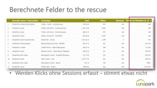 Berechnete Felder to the rescue
• Werden Klicks ohne Sessions erfasst – stimmt etwas nicht
 