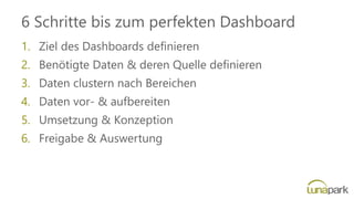 6 Schritte bis zum perfekten Dashboard
1. Ziel des Dashboards definieren
2. Benötigte Daten & deren Quelle definieren
3. Daten clustern nach Bereichen
4. Daten vor- & aufbereiten
5. Umsetzung & Konzeption
6. Freigabe & Auswertung
 