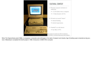 CULTURAL CONTEXT
➤ Personal computer revolution is
underway!
➤ 1:12 US adults owns a computer
➤ 1:7 baby boomers (23-41)
➤ AI enters its second “winter”
➤ reduced funding
➤ lowered expectations
➤ “Android” is in the lexicon
➤ Star Wars (1977)
http://articles.sun-sentinel.com/1987-01-25/features/
8701050968_1_word-processing-boomers-home-computers
When The Original Series aired (1966), in comparison, computers were still largely in the realm of research and industry. Age of building super computers as big as a
room. Weisenbaum completed the ELIZA project in 1966. Introduction of IBM’s PS/2 computer.
 