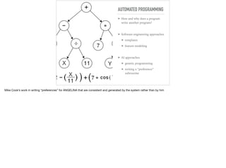 AUTOMATED PROGRAMMING
➤ How and why does a program
write another program?
➤ Software engineering approaches
➤ templates
➤ feature modeling
➤ AI approaches
➤ genetic programming
➤ writing a “preference”
subroutine
Mike Cook’s work in writing “preferences” for ANGELINA that are consistent and generated by the system rather than by him
 