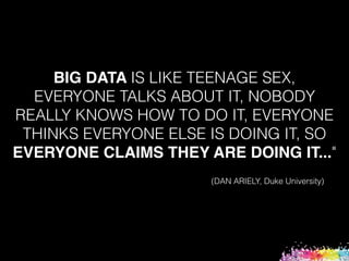 BIG DATA IS LIKE TEENAGE SEX,
EVERYONE TALKS ABOUT IT, NOBODY
REALLY KNOWS HOW TO DO IT, EVERYONE
THINKS EVERYONE ELSE IS DOING IT, SO  
EVERYONE CLAIMS THEY ARE DOING IT..."
(DAN ARIELY, Duke University)
 