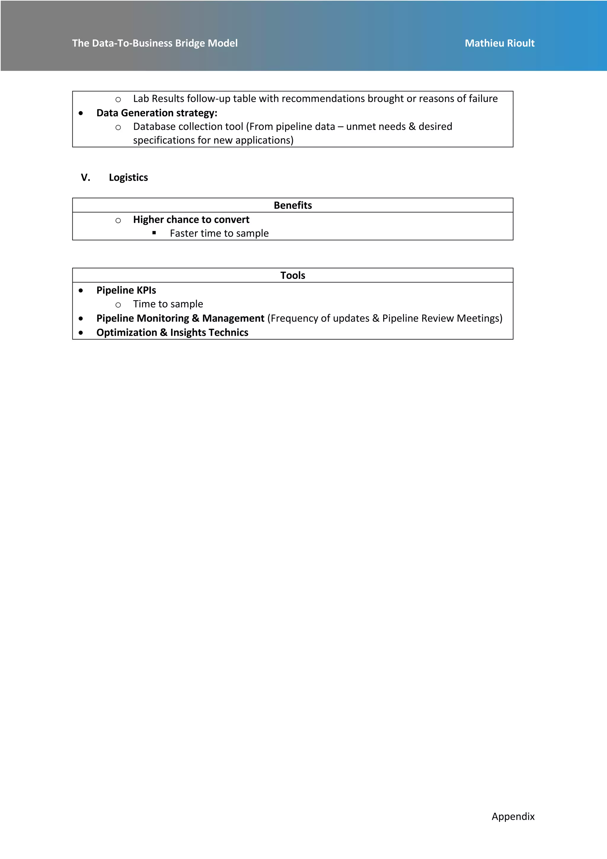 The Data-To-Business Bridge Model Mathieu Rioult
Appendix
o Lab Results follow-up table with recommendations brought or reasons of failure
 Data Generation strategy:
o Database collection tool (From pipeline data – unmet needs & desired
specifications for new applications)
V. Logistics
Benefits
o Higher chance to convert
 Faster time to sample
Tools
 Pipeline KPIs
o Time to sample
 Pipeline Monitoring & Management (Frequency of updates & Pipeline Review Meetings)
 Optimization & Insights Technics
 