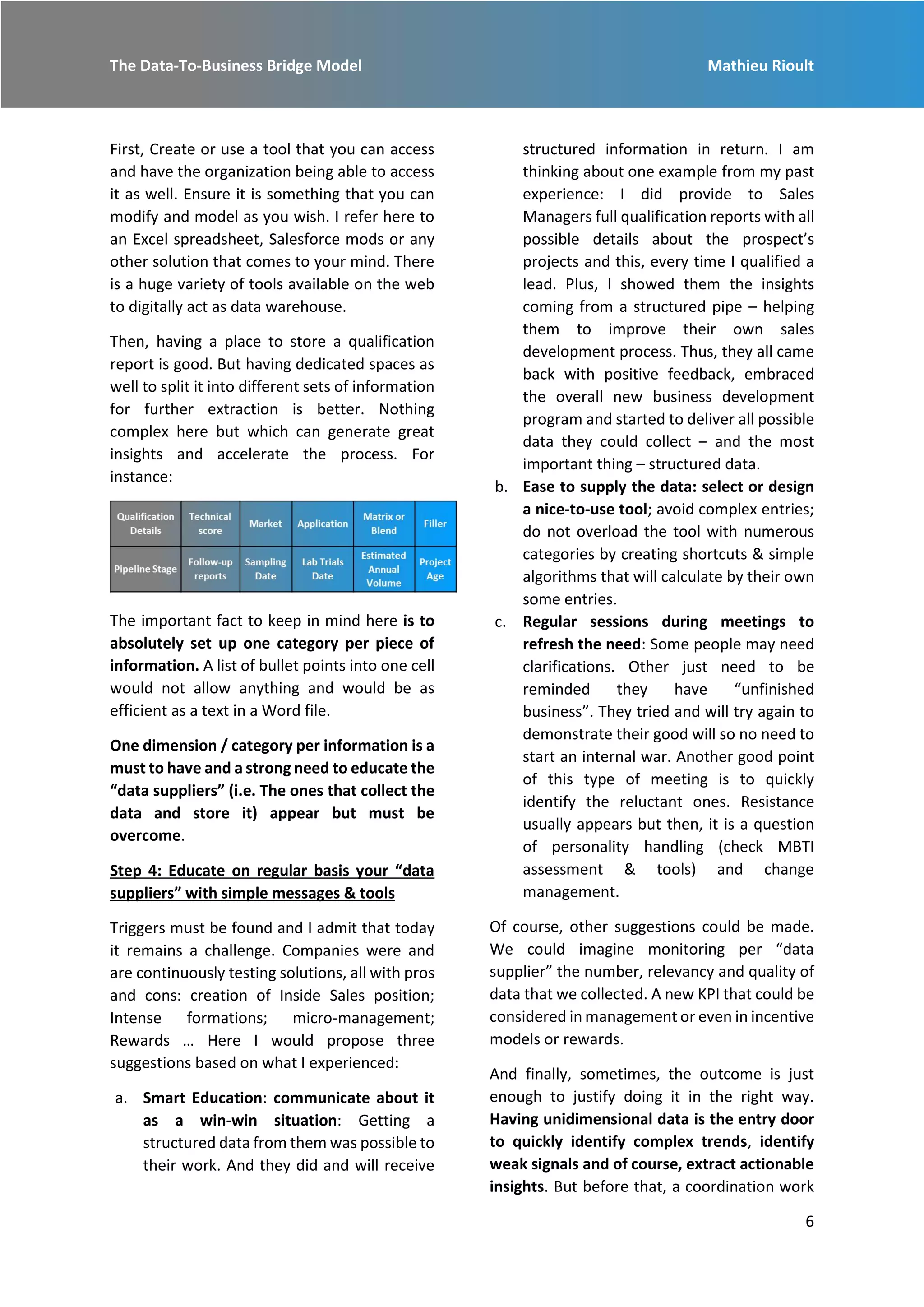 The Data-To-Business Bridge Model Mathieu Rioult
6
First, Create or use a tool that you can access
and have the organization being able to access
it as well. Ensure it is something that you can
modify and model as you wish. I refer here to
an Excel spreadsheet, Salesforce mods or any
other solution that comes to your mind. There
is a huge variety of tools available on the web
to digitally act as data warehouse.
Then, having a place to store a qualification
report is good. But having dedicated spaces as
well to split it into different sets of information
for further extraction is better. Nothing
complex here but which can generate great
insights and accelerate the process. For
instance:
The important fact to keep in mind here is to
absolutely set up one category per piece of
information. A list of bullet points into one cell
would not allow anything and would be as
efficient as a text in a Word file.
One dimension / category per information is a
must to have and a strong need to educate the
“data suppliers” (i.e. The ones that collect the
data and store it) appear but must be
overcome.
Step 4: Educate on regular basis your “data
suppliers” with simple messages & tools
Triggers must be found and I admit that today
it remains a challenge. Companies were and
are continuously testing solutions, all with pros
and cons: creation of Inside Sales position;
Intense formations; micro-management;
Rewards … Here I would propose three
suggestions based on what I experienced:
a. Smart Education: communicate about it
as a win-win situation: Getting a
structured data from them was possible to
their work. And they did and will receive
structured information in return. I am
thinking about one example from my past
experience: I did provide to Sales
Managers full qualification reports with all
possible details about the prospect’s
projects and this, every time I qualified a
lead. Plus, I showed them the insights
coming from a structured pipe – helping
them to improve their own sales
development process. Thus, they all came
back with positive feedback, embraced
the overall new business development
program and started to deliver all possible
data they could collect – and the most
important thing – structured data.
b. Ease to supply the data: select or design
a nice-to-use tool; avoid complex entries;
do not overload the tool with numerous
categories by creating shortcuts & simple
algorithms that will calculate by their own
some entries.
c. Regular sessions during meetings to
refresh the need: Some people may need
clarifications. Other just need to be
reminded they have “unfinished
business”. They tried and will try again to
demonstrate their good will so no need to
start an internal war. Another good point
of this type of meeting is to quickly
identify the reluctant ones. Resistance
usually appears but then, it is a question
of personality handling (check MBTI
assessment & tools) and change
management.
Of course, other suggestions could be made.
We could imagine monitoring per “data
supplier” the number, relevancy and quality of
data that we collected. A new KPI that could be
considered in management or even in incentive
models or rewards.
And finally, sometimes, the outcome is just
enough to justify doing it in the right way.
Having unidimensional data is the entry door
to quickly identify complex trends, identify
weak signals and of course, extract actionable
insights. But before that, a coordination work
 