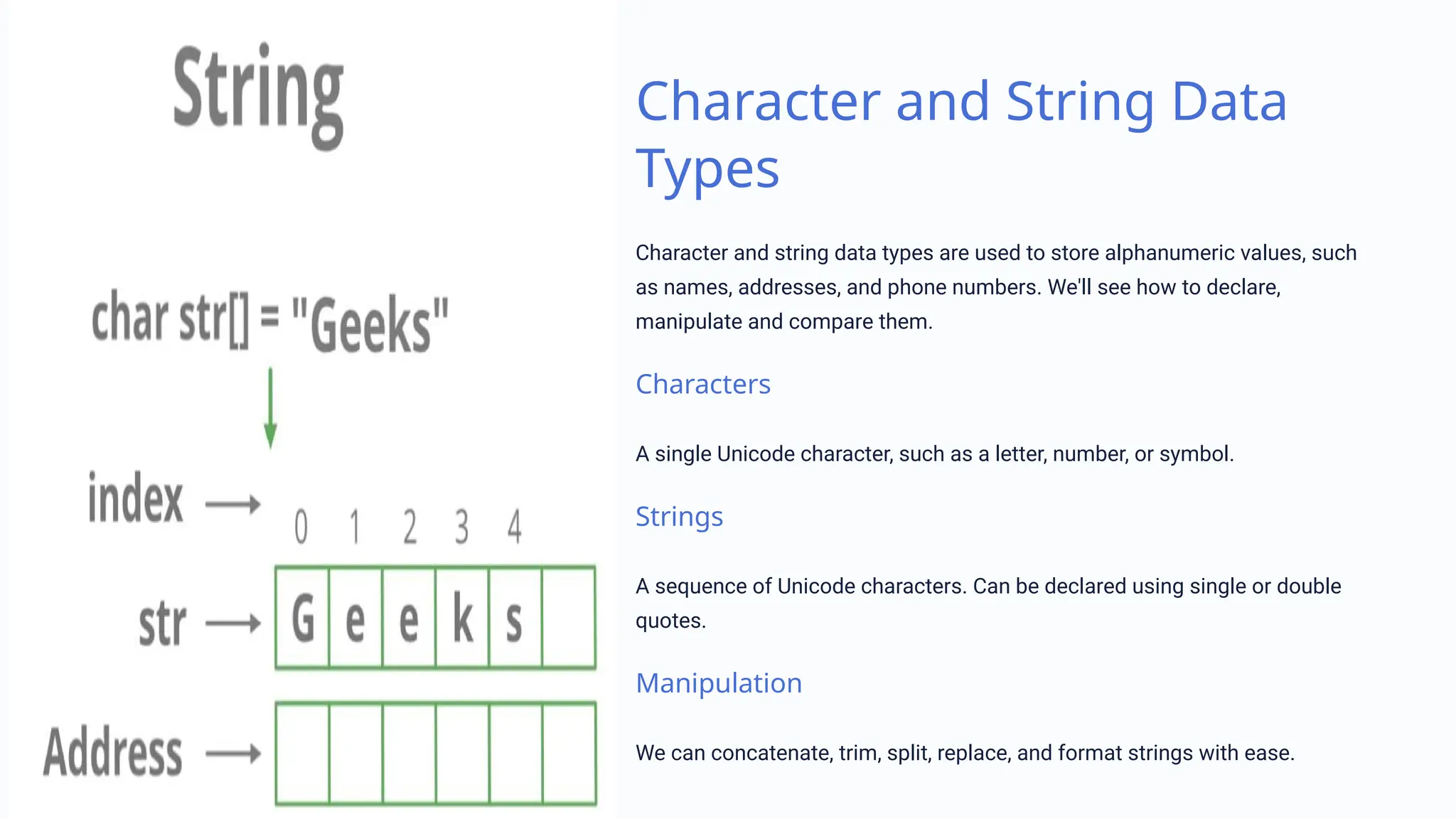 Character and String Data
Types
Character and string data types are used to store alphanumeric values, such
as names, addresses, and phone numbers. We'll see how to declare,
manipulate and compare them.
Characters
A single Unicode character, such as a letter, number, or symbol.
Strings
A sequence of Unicode characters. Can be declared using single or double
quotes.
Manipulation
We can concatenate, trim, split, replace, and format strings with ease.
 
