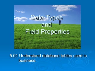 Data Types  and  Field Properties 5.01 Understand database tables used in business. 
