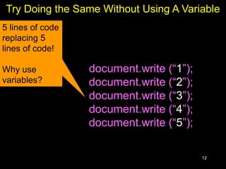 12
Try Doing the Same Without Using A Variable
document.write (“1”);
document.write (“2”);
document.write (“3”);
document.write (“4”);
document.write (“5”);
5 lines of code
replacing 5
lines of code!
Why use
variables?
 
