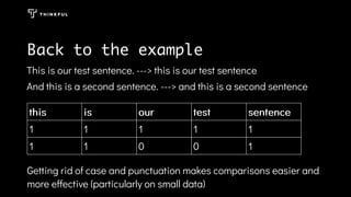 Back to the example
This is our test sentence. ---> this is our test sentence
And this is a second sentence. ---> and this is a second sentence
thisthis isis ourour testtest sentencesentence
1 1 1 1 1
1 1 0 0 1
Getting rid of case and punctuation makes comparisons easier and
more effective (particularly on small data)
 
