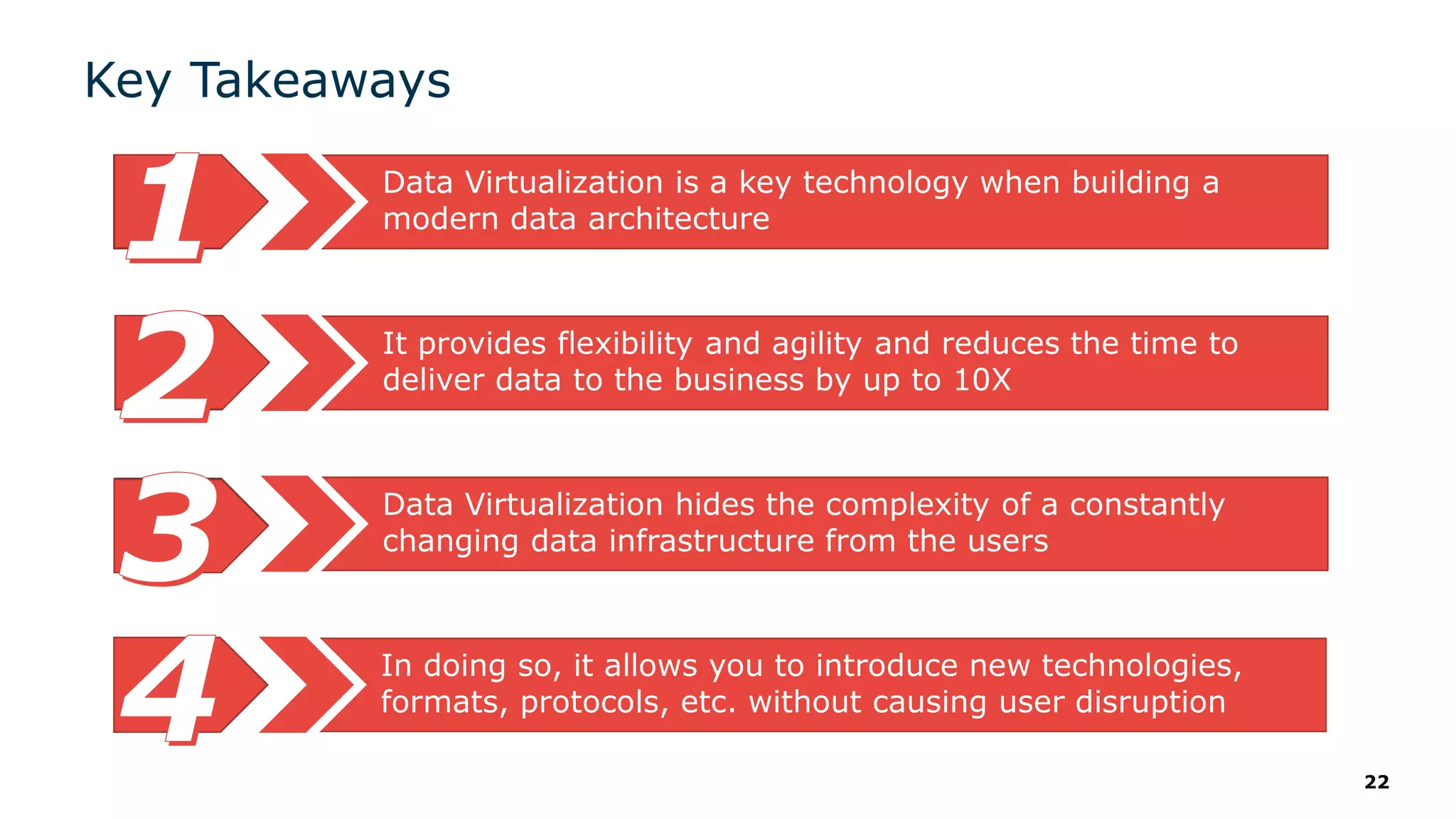 Key Takeaways
22
FIRST
Takeaway
Data Virtualization is a key technology when building a
modern data architecture
SECOND
Takeaway
It provides flexibility and agility and reduces the time to
deliver data to the business by up to 10X
THIRD
Takeaway
Data Virtualization hides the complexity of a constantly
changing data infrastructure from the users
FOURTH
Takeaway
In doing so, it allows you to introduce new technologies,
formats, protocols, etc. without causing user disruption
 