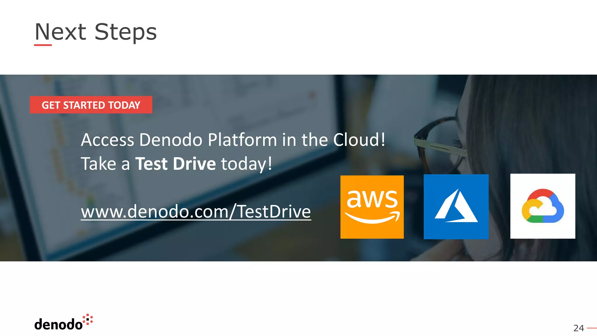 24
Next Steps
Access Denodo Platform in the Cloud!
Take a Test Drive today!
www.denodo.com/TestDrive
GET STARTED TODAY
 