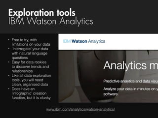 Exploration tools
IBM Watson Analytics
www.ibm.com/analytics/watson-analytics/
• Free to try, with
limitations on your data
• ‘Interrogate’ your data
with natural language
questions
• Easy for data rookies 
to discover trends and
relationships
• Like all data exploration
tools, you will need
clean, organised data
• Does have an
‘infographic’ creation
function, but it is clunky
 