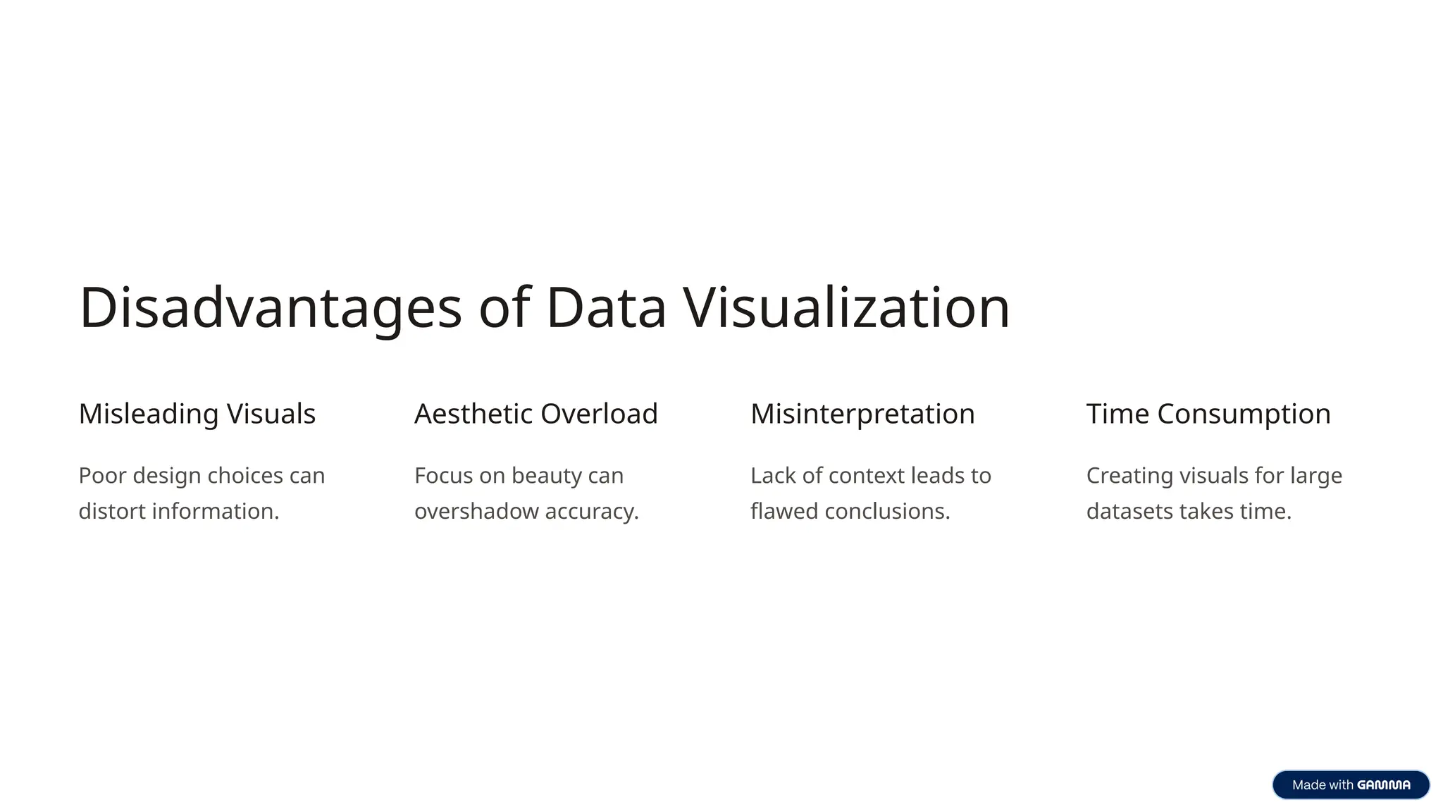 Disadvantages of Data Visualization
Misleading Visuals
Poor design choices can
distort information.
Aesthetic Overload
Focus on beauty can
overshadow accuracy.
Misinterpretation
Lack of context leads to
flawed conclusions.
Time Consumption
Creating visuals for large
datasets takes time.
 