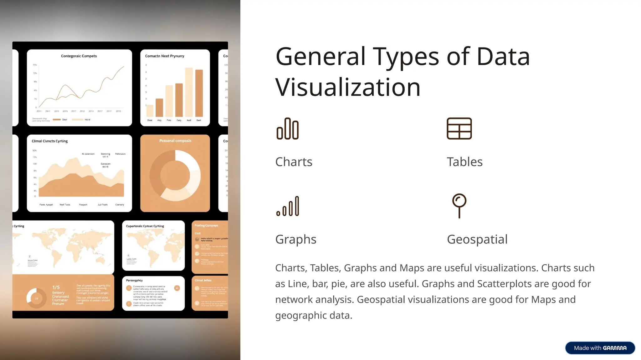 General Types of Data
Visualization
Charts Tables
Graphs Geospatial
Charts, Tables, Graphs and Maps are useful visualizations. Charts such
as Line, bar, pie, are also useful. Graphs and Scatterplots are good for
network analysis. Geospatial visualizations are good for Maps and
geographic data.
 