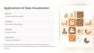 Applications of Data Visualization
Business
KPI dashboards, financial analysis.
Healthcare
Patient statistics, disease trends.
Education
Interactive tutorials.
Government
Policy impact, data sharing.
Data visualization transforms business and learning. It makes financial analysis more
accessible. It shows trends in healthcare and policy impacts. It's a powerful tool for explaining
the world.
 