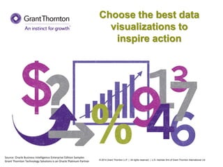 © 2014 Grant Thornton LLP | All rights reserved | U.S. member firm of Grant Thornton International Ltd
Choose the best data
visualizations to
inspire action
Source: Oracle Business Intelligence Enterprise Edition Samples
Grant Thornton Technology Solutions is an Oracle Platinum Partner
 