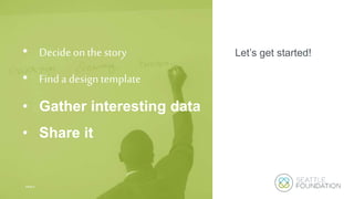 Let’s get started!
PAGE 6
• Decide onthe story
• Finda designtemplate
• Gather interesting data
• Share it
 