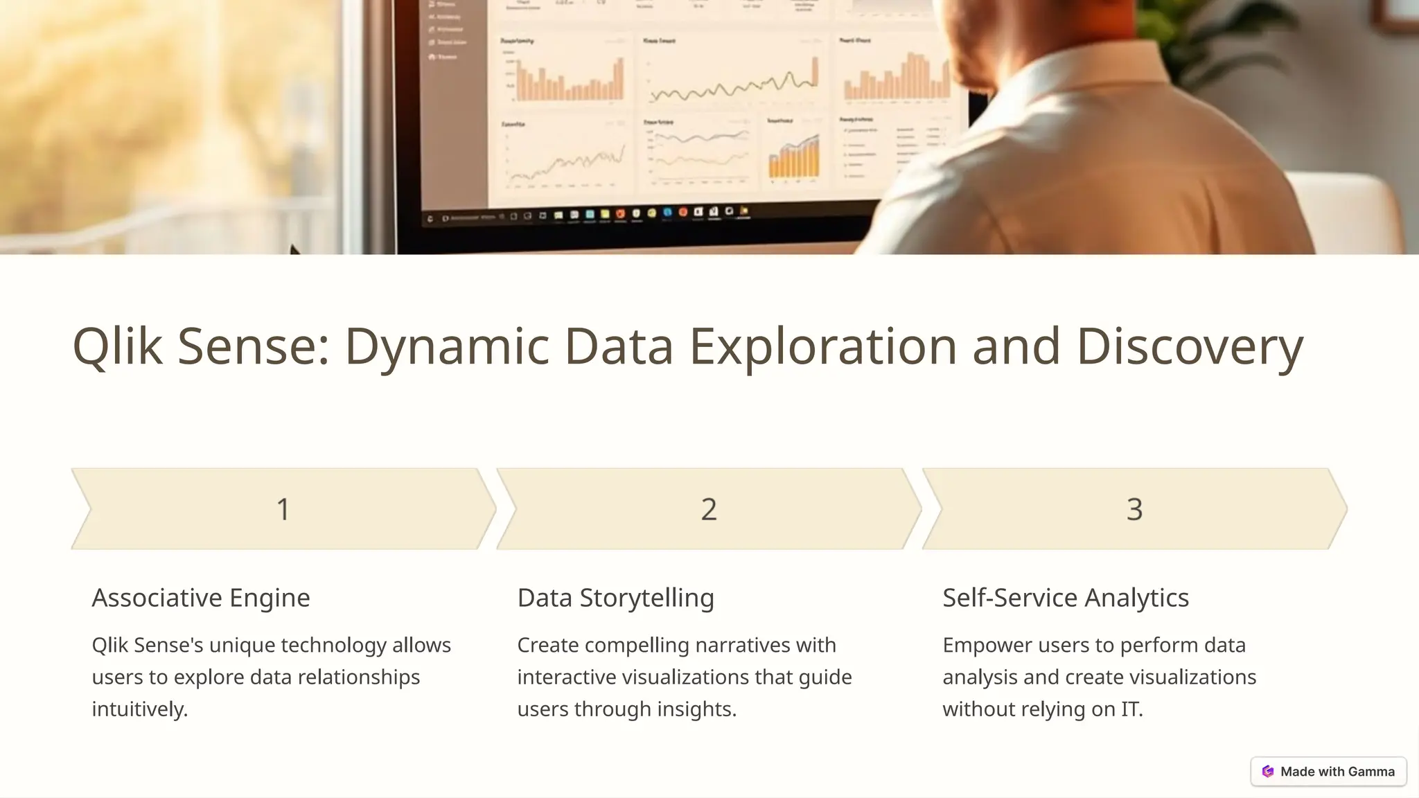 Qlik Sense: Dynamic Data Exploration and Discovery
Associative Engine
Qlik Sense's unique technology allows
users to explore data relationships
intuitively.
Data Storytelling
Create compelling narratives with
interactive visualizations that guide
users through insights.
Self-Service Analytics
Empower users to perform data
analysis and create visualizations
without relying on IT.
 