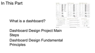 In This Part

What is a dashboard?
Dashboard Design Project Main
Steps
Dashboard Design Fundamental
Principles

 