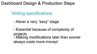 Dashboard Design & Production Steps
Writing specifications
- Never a very “sexy” stage

- Essential because of complexity of
projects
- Making modifications later than sooner
always costs more money!

 
