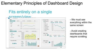 Elementary Principles of Dashboard Design
Fits entirely on a single
screen/view

- We must see
everything within the
same screen
- Avoid creating
dashboards that
require scrolling

 