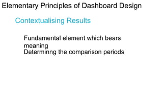 Elementary Principles of Dashboard Design
Contextualising Results
Fundamental element which bears
meaning
Determinng the comparison periods

 