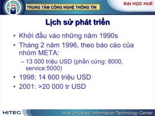 Lịch sử phát triển Khởi đầu vào những năm 1990s Tháng 2 năm 1996, theo báo cáo của nhóm META: 13 000 triệu USD (phần cứng: 8000, service:5000) 1998: 14 600 triệu USD 2001: >20 000 tr USD 