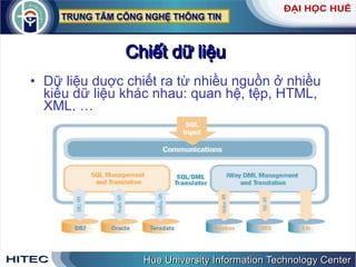 Chiết dữ liệu   Dữ liệu duợc chiết ra từ nhiều nguồn ở nhiều kiểu dữ liệu khác nhau: quan hệ, tệp, HTML, XML, … 